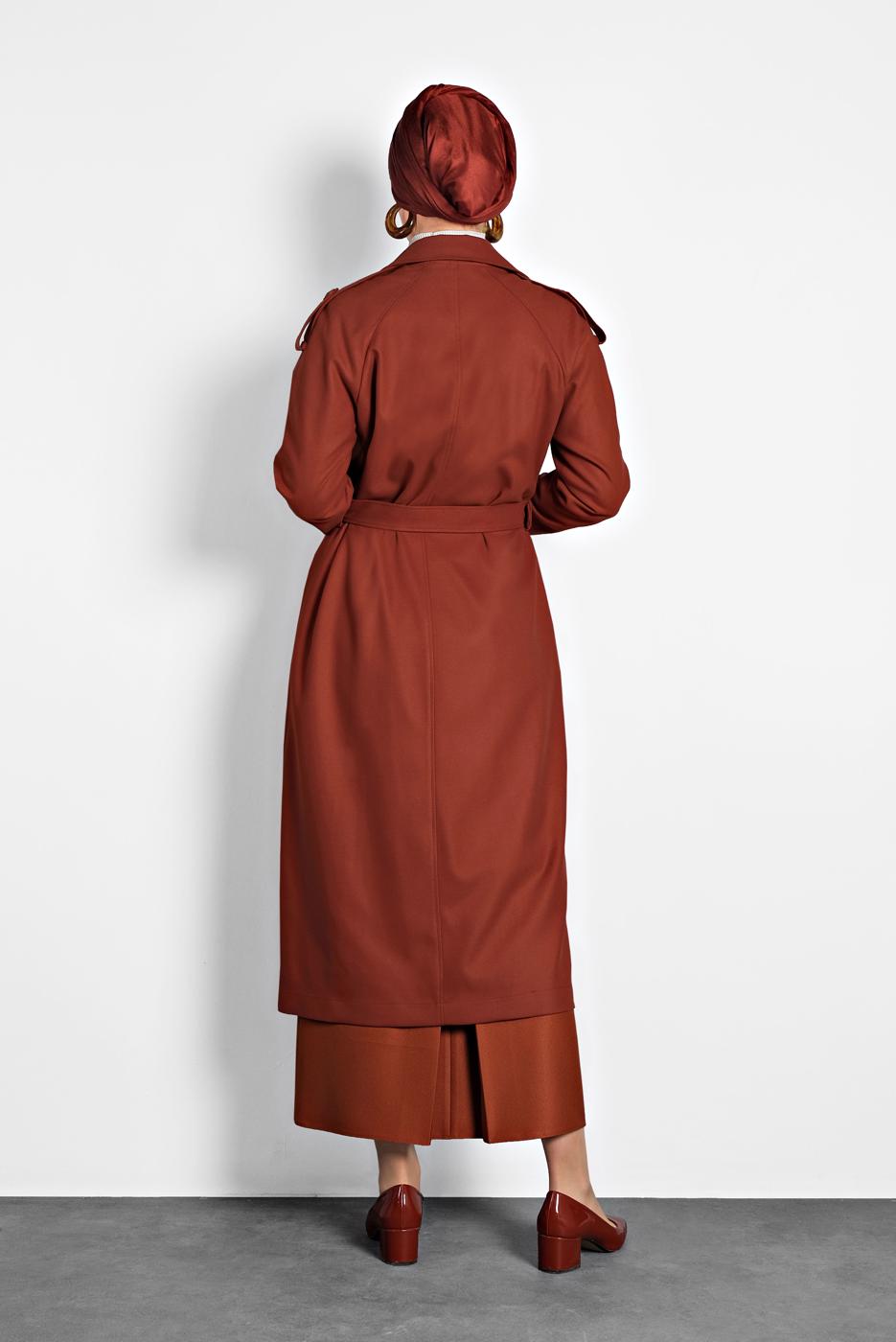 Tesettür giyim KAHVE ALVİNA KEMERLİ KRUVAZE KABAN 90044