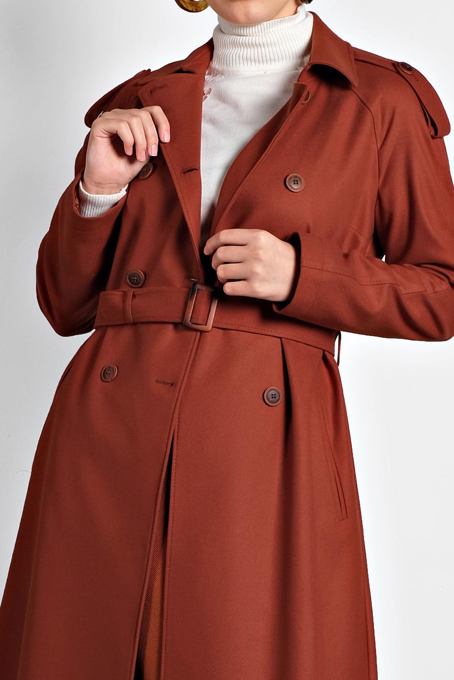 Tesettür giyim KAHVE ALVİNA KEMERLİ KRUVAZE KABAN 90044