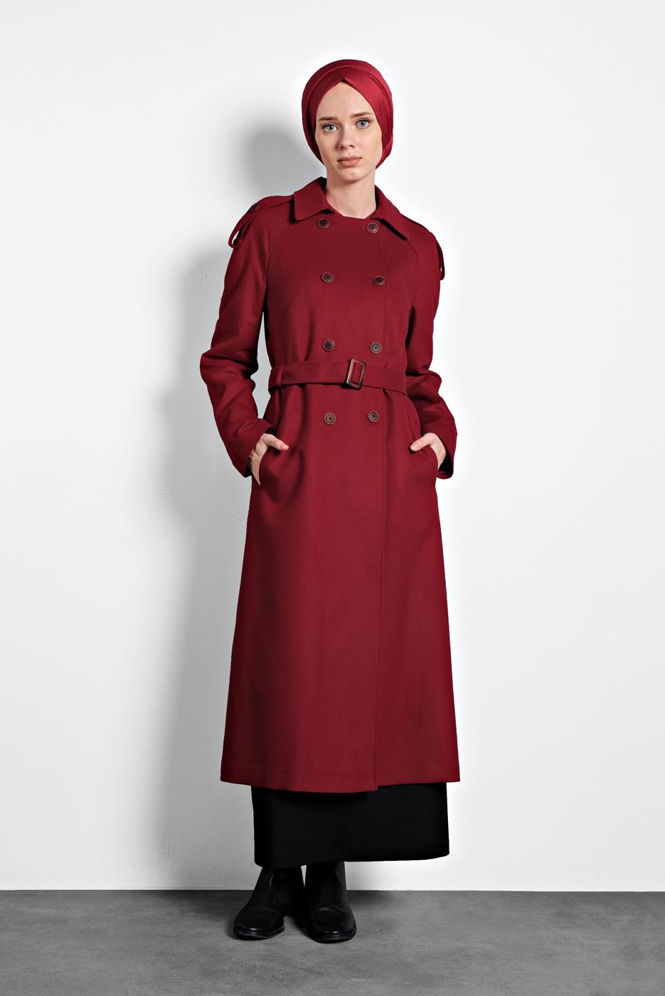 Tesettür giyim BORDO ALVİNA KEMERLİ KRUVAZE KABAN 90044