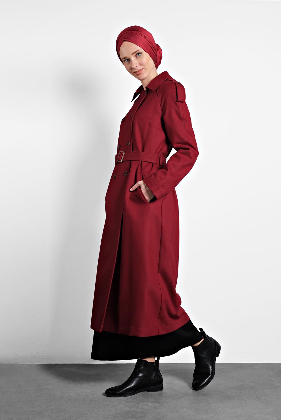 Tesettür giyim BORDO ALVİNA KEMERLİ KRUVAZE KABAN 90044