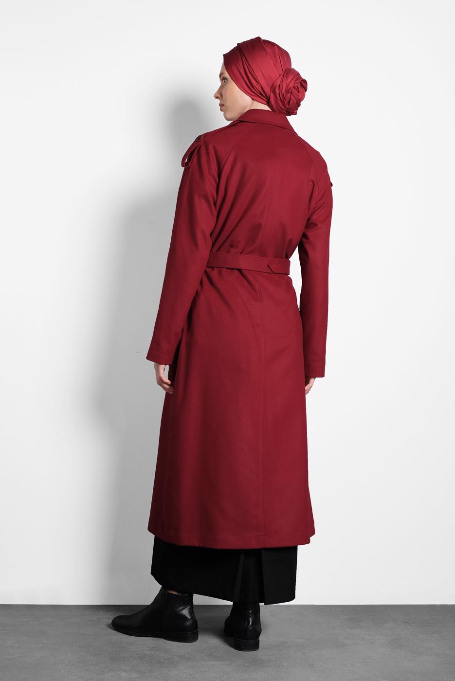 Tesettür giyim BORDO ALVİNA KEMERLİ KRUVAZE KABAN 90044