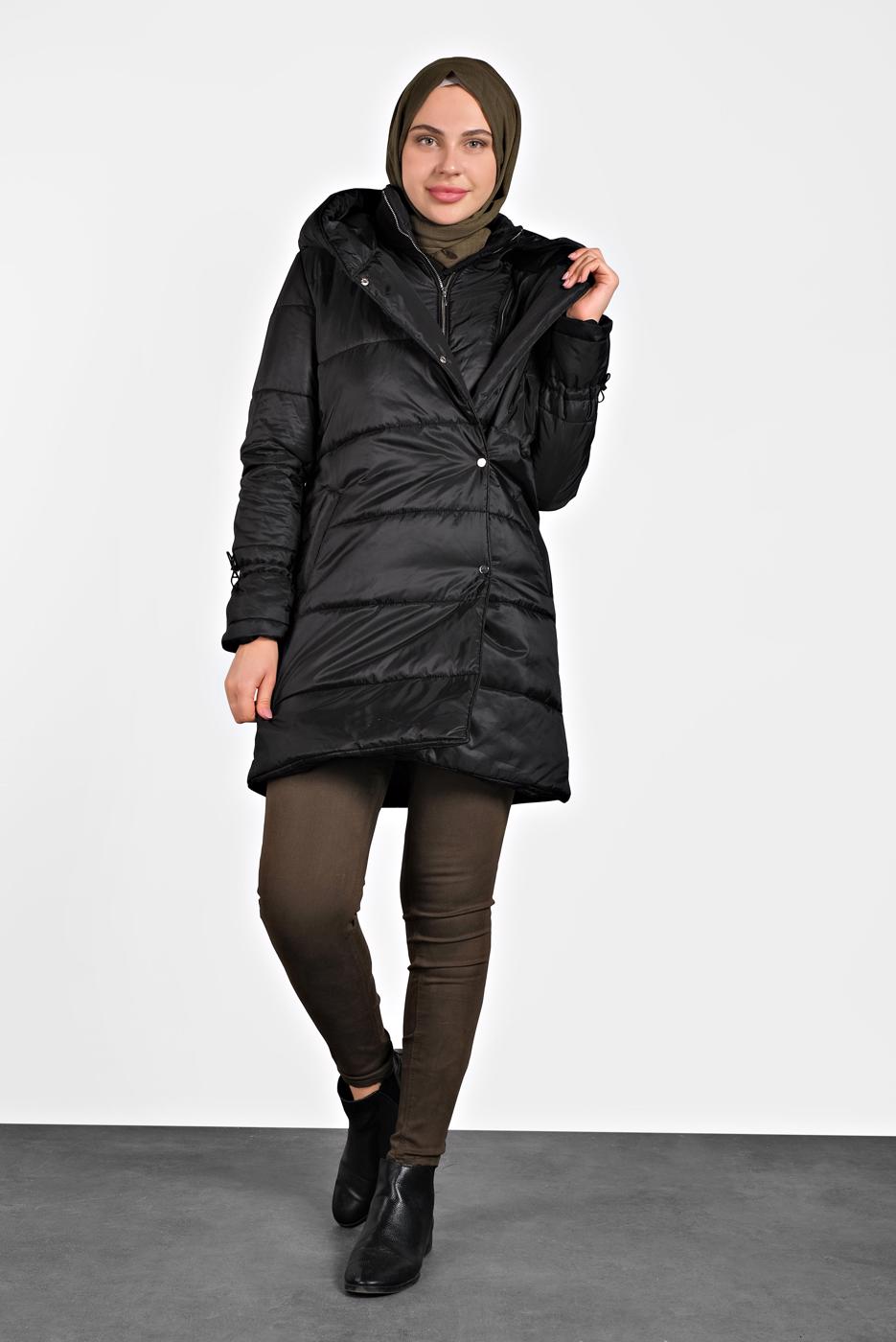 Tesettür giyim SİYAH ALVİNA ŞİŞME KAPÜŞONLU KABAN 90065