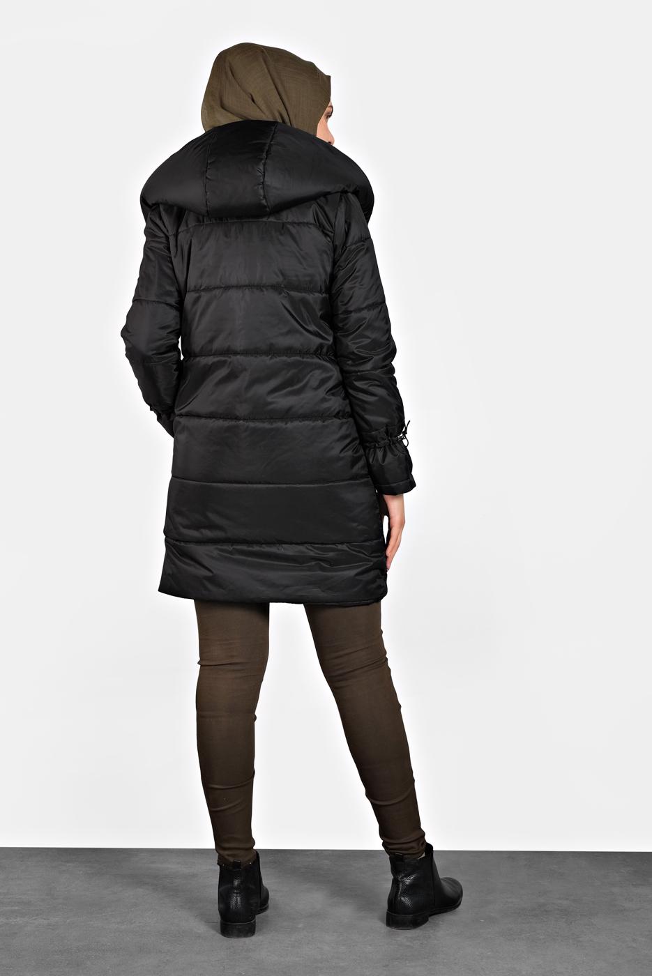 Tesettür giyim SİYAH ALVİNA ŞİŞME KAPÜŞONLU KABAN 90065