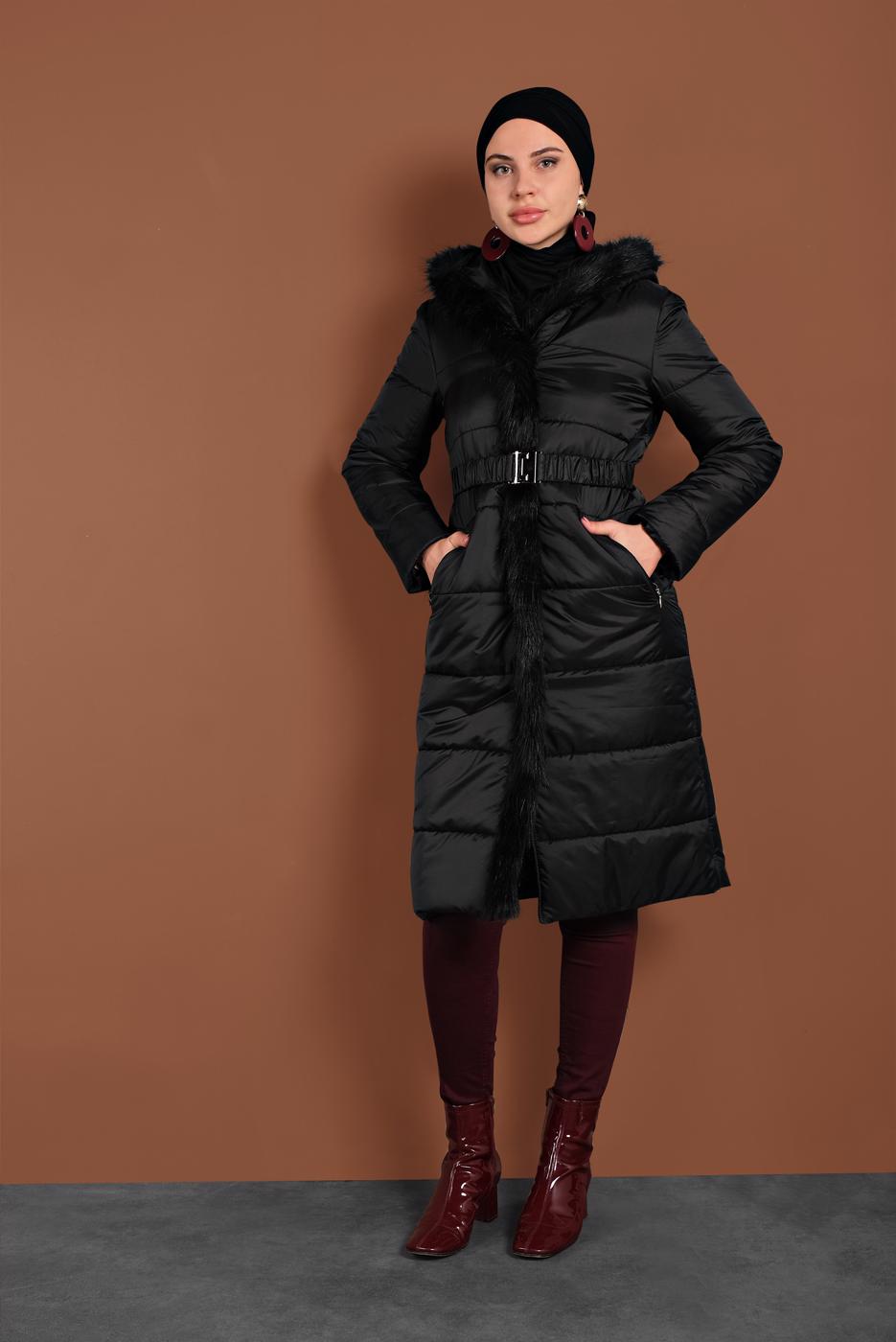 Tesettür giyim SİYAH ALVİNA KAPÜŞONLU ŞİŞME KABAN 90068