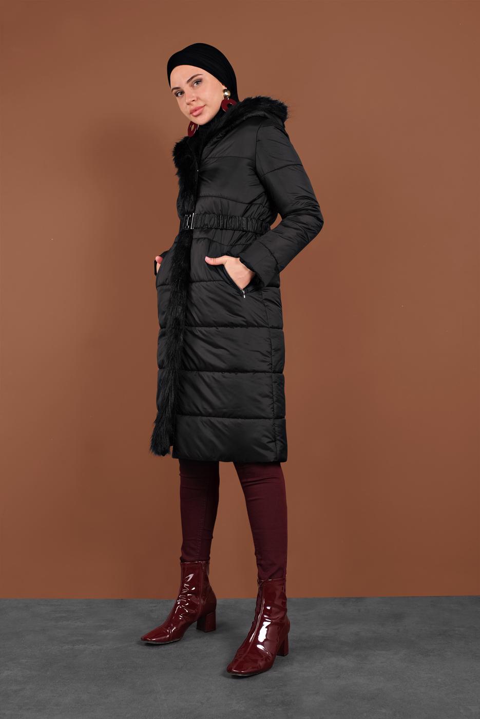 Tesettür giyim SİYAH ALVİNA KAPÜŞONLU ŞİŞME KABAN 90068