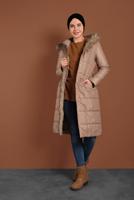 Tesettür giyim KAHVE ALVİNA KAPÜŞONLU ŞİŞME KABAN 90068