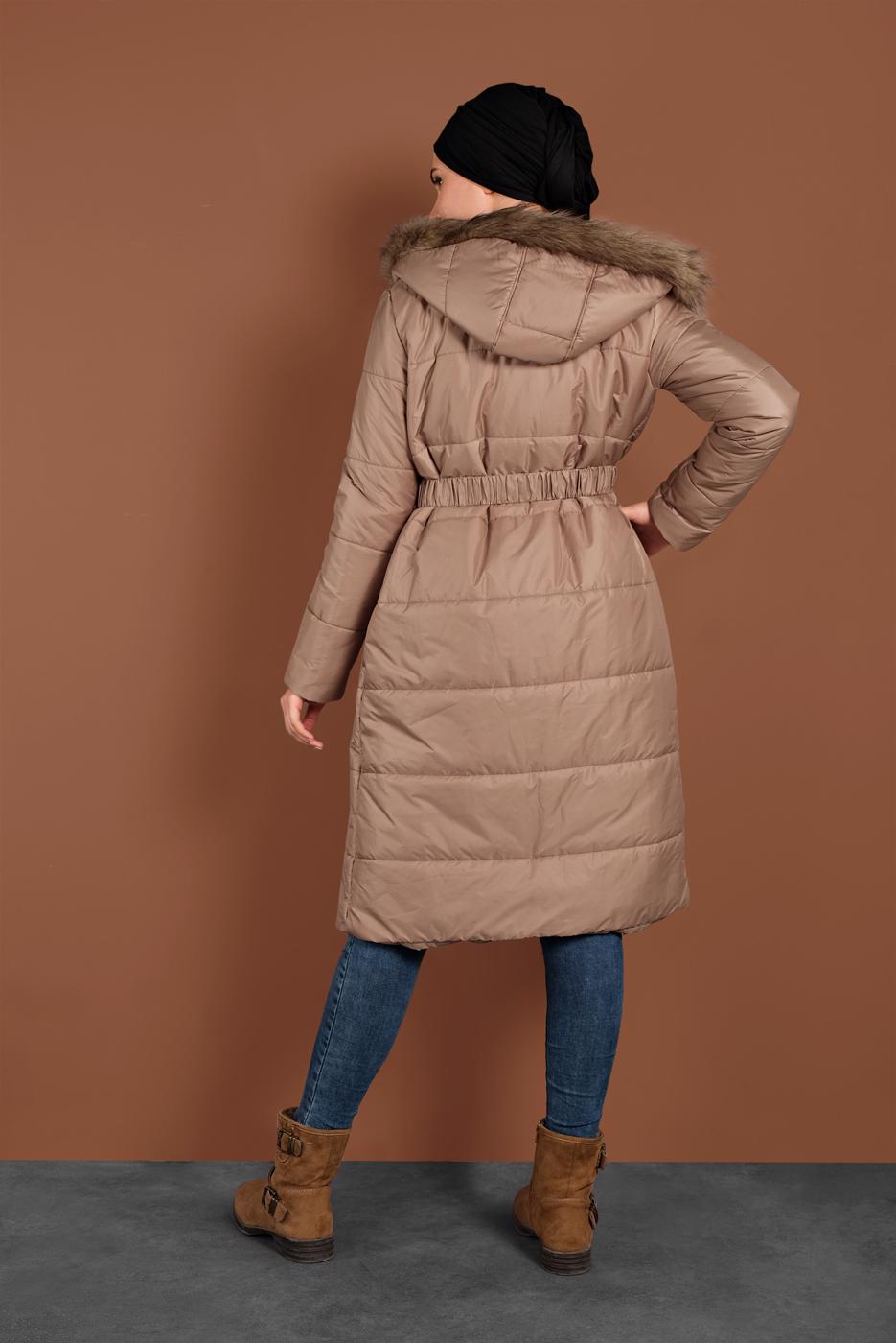 Tesettür giyim KAHVE ALVİNA KAPÜŞONLU ŞİŞME KABAN 90068