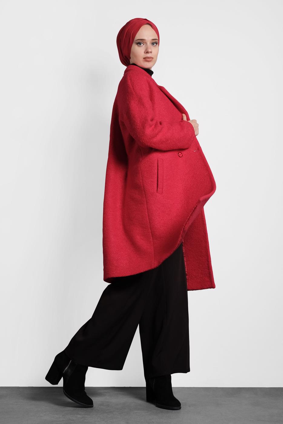 Tesettür giyim KIRMIZI ALVİNA KLASİK DÜĞMELİ KABAN 90073
