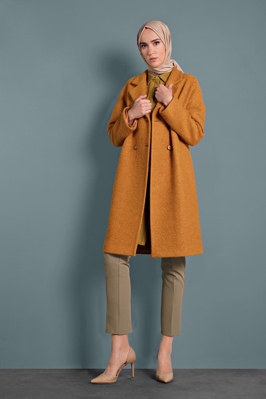 Tesettür giyim TURUNCU ALVİNA KLASİK DÜĞMELİ KABAN 90073