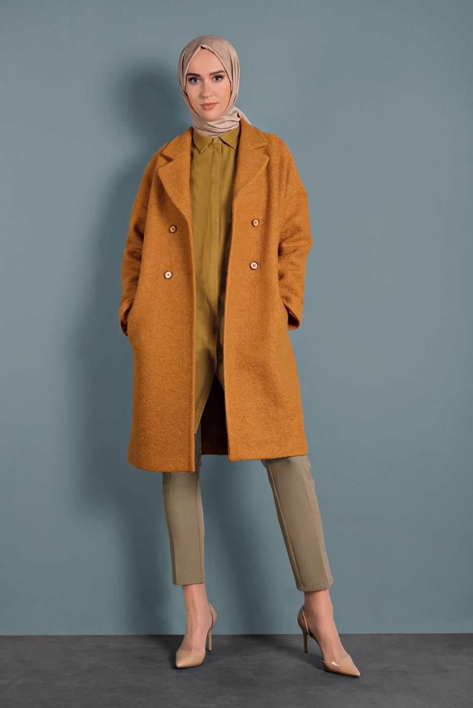 Tesettür giyim TURUNCU ALVİNA KLASİK DÜĞMELİ KABAN 90073