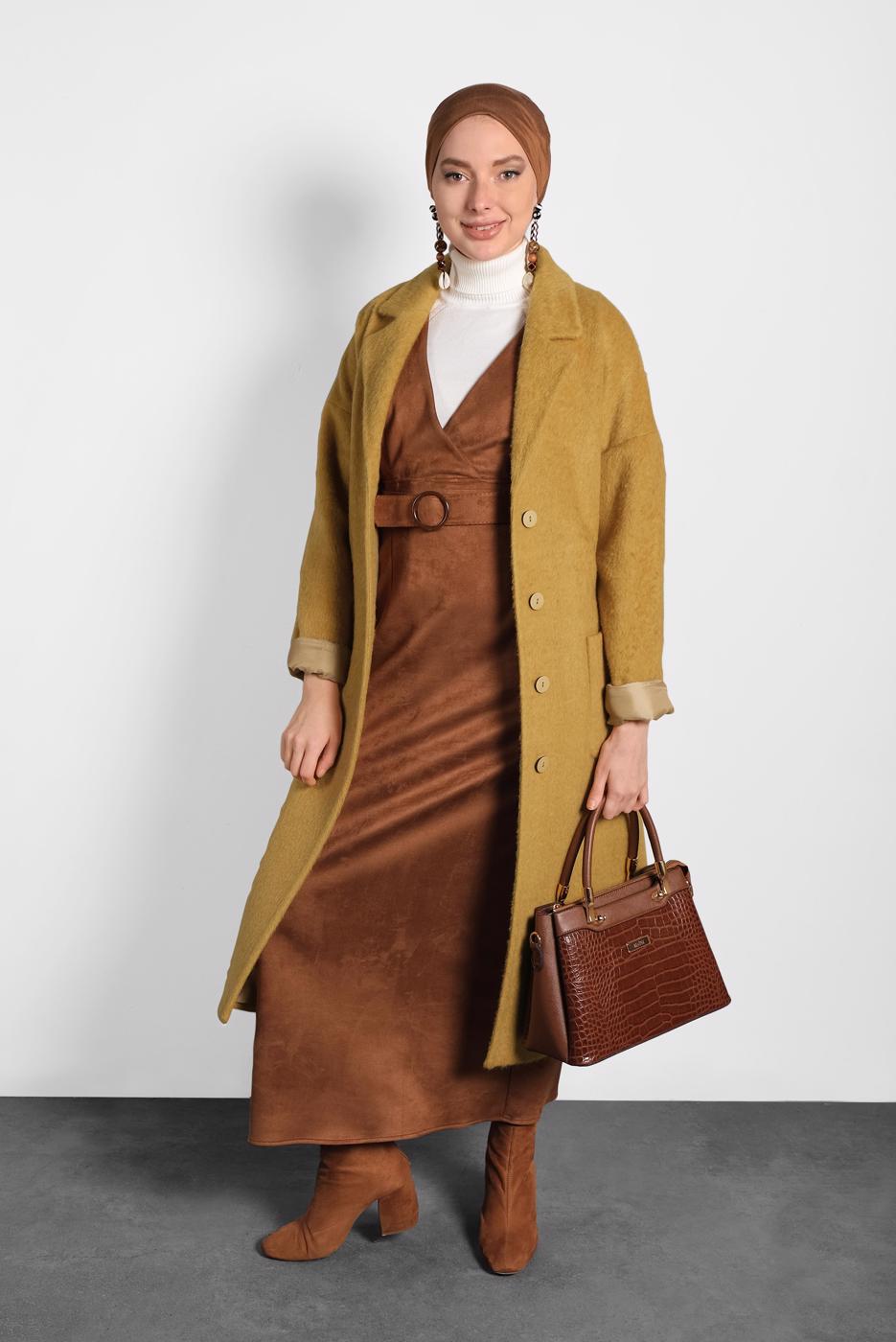 Tesettür giyim TURUNCU ALVİNA KLASİK DÜĞMELİ KABAN 90074 