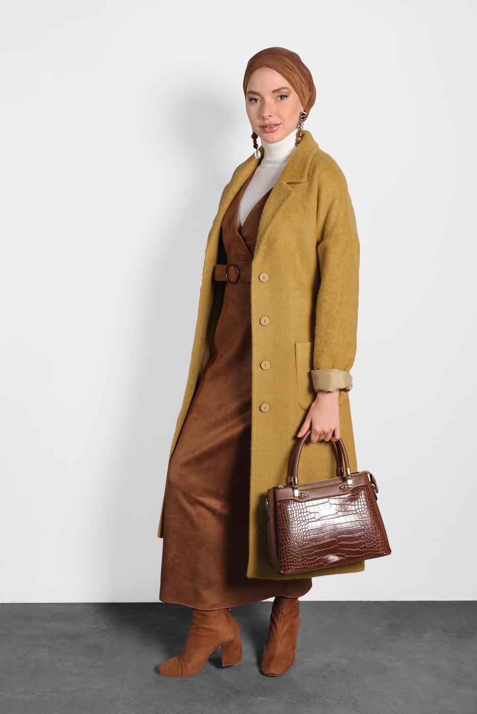 Tesettür giyim TURUNCU ALVİNA KLASİK DÜĞMELİ KABAN 90074 