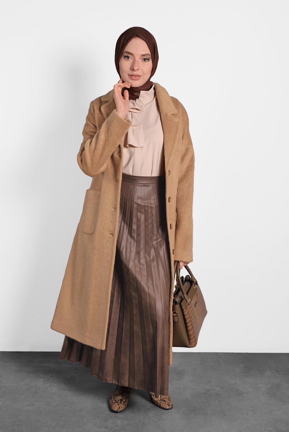 Tesettür giyim KAHVE ALVİNA KLASİK DÜĞMELİ KABAN 90074 