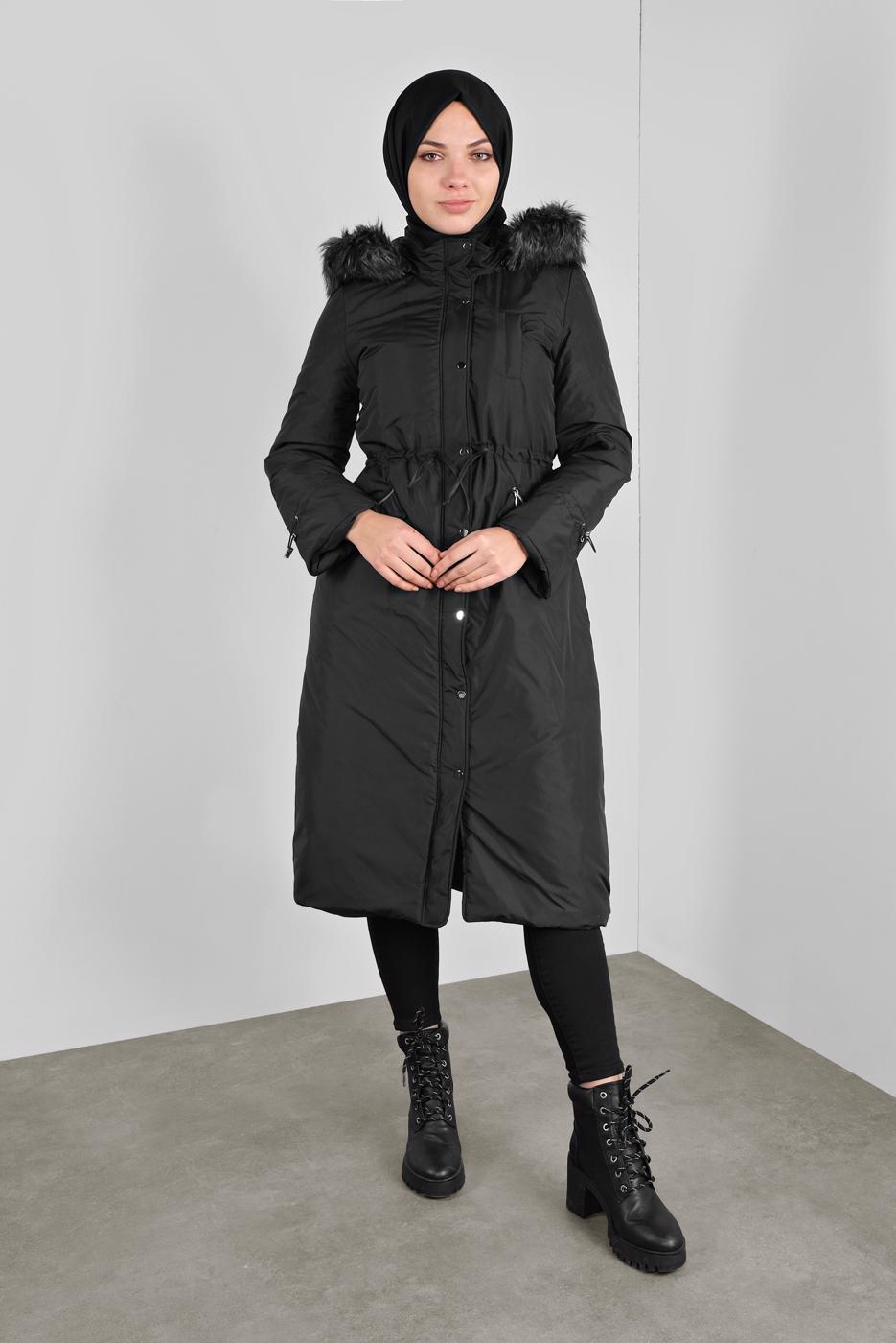 Tesettür giyim SİYAH ALVİNA BELİ BAĞCIKLI KAPÜŞONLU KABAN 90083