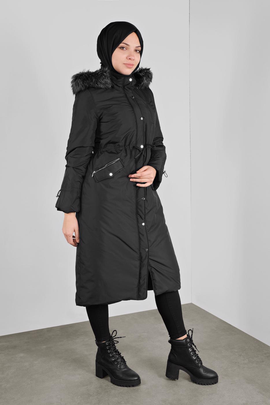 Tesettür giyim SİYAH ALVİNA BELİ BAĞCIKLI KAPÜŞONLU KABAN 90083