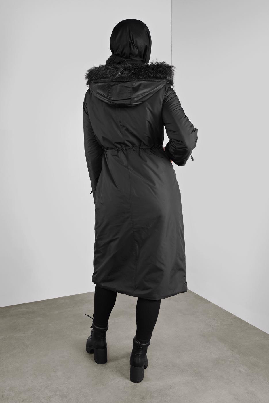 Tesettür giyim SİYAH ALVİNA BELİ BAĞCIKLI KAPÜŞONLU KABAN 90083