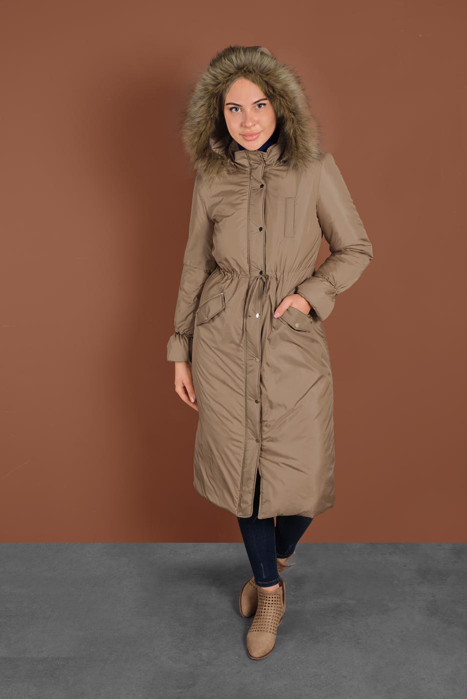 Tesettür giyim BEJ ALVİNA BELİ BAĞCIKLI KAPÜŞONLU KABAN 90083