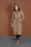 Tesettür giyim BEJ ALVİNA BELİ BAĞCIKLI KAPÜŞONLU KABAN 90083