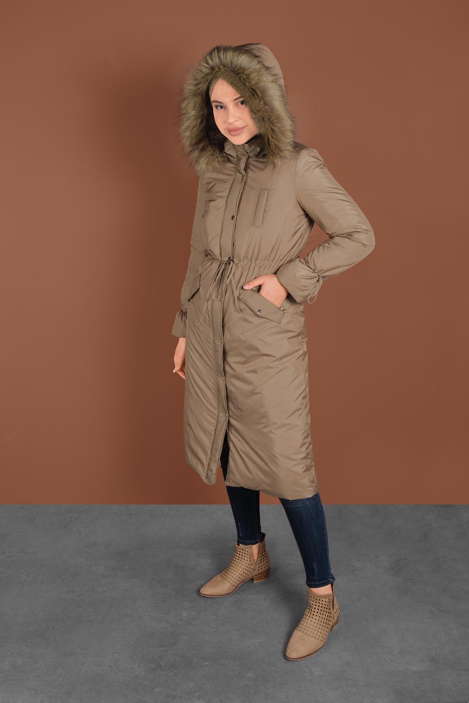 Tesettür giyim BEJ ALVİNA BELİ BAĞCIKLI KAPÜŞONLU KABAN 90083