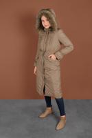 Tesettür giyim BEJ ALVİNA BELİ BAĞCIKLI KAPÜŞONLU KABAN 90083