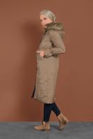 Tesettür giyim BEJ ALVİNA BELİ BAĞCIKLI KAPÜŞONLU KABAN 90083