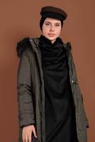 Tesettür giyim HAKİ ALVİNA BELİ BAĞCIKLI KAPÜŞONLU KABAN 90083