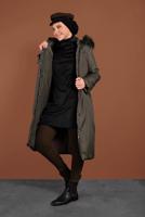 Tesettür giyim HAKİ ALVİNA BELİ BAĞCIKLI KAPÜŞONLU KABAN 90083