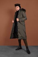 Tesettür giyim HAKİ ALVİNA BELİ BAĞCIKLI KAPÜŞONLU KABAN 90083