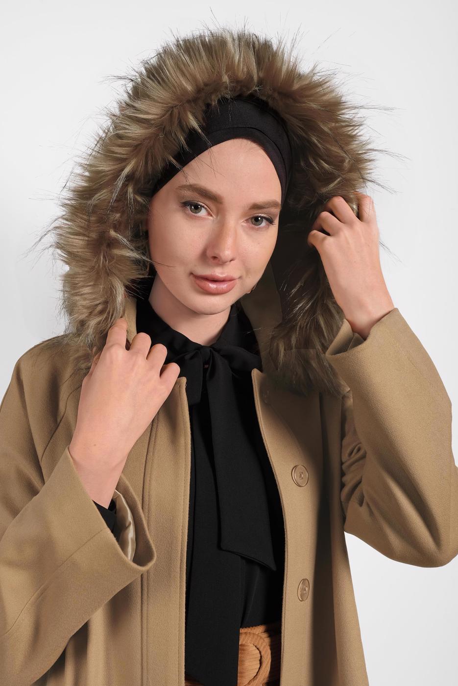 Tesettür giyim KAHVE ALVİNA KAPÜŞONU KÜRKLÜ KABAN  90084   