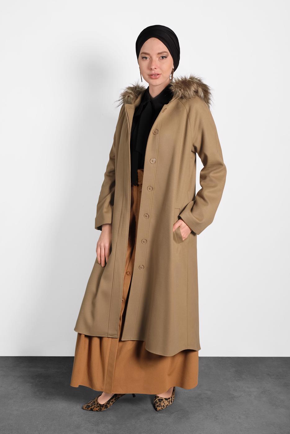 Tesettür giyim KAHVE ALVİNA KAPÜŞONU KÜRKLÜ KABAN  90084   