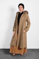 Tesettür giyim KAHVE ALVİNA KAPÜŞONU KÜRKLÜ KABAN  90084   