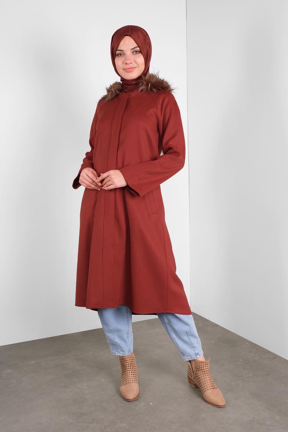 Tesettür giyim KAHVE ALVİNA KAPÜŞONU KÜRKLÜ KABAN  90084   