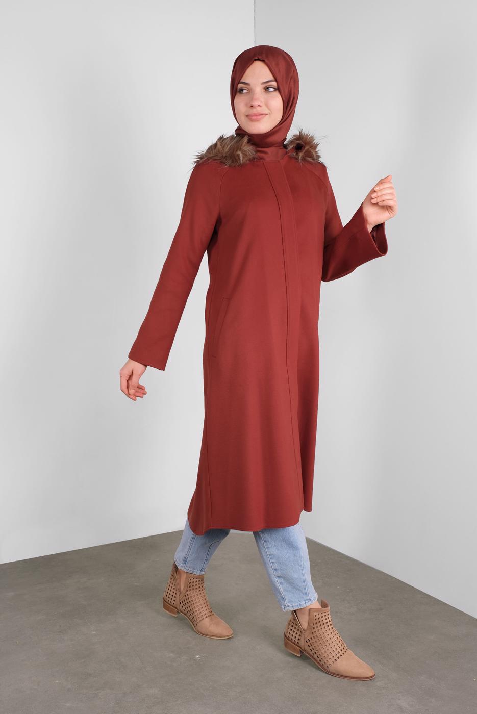 Tesettür giyim KAHVE ALVİNA KAPÜŞONU KÜRKLÜ KABAN  90084   
