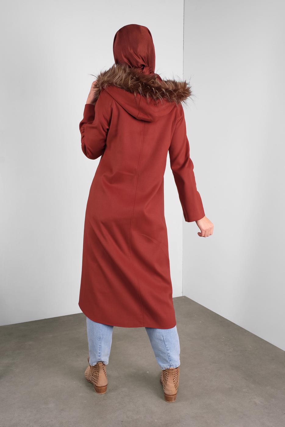 Tesettür giyim KAHVE ALVİNA KAPÜŞONU KÜRKLÜ KABAN  90084   