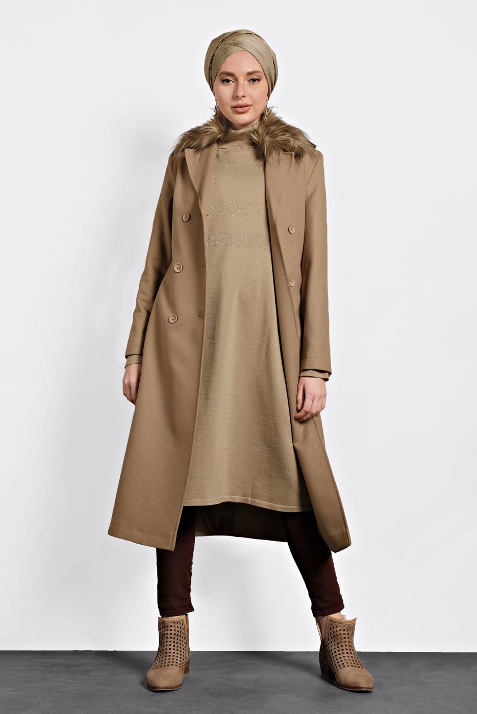Tesettür giyim KAHVE ALVİNA TRUVAKAR KOL KÜRKLÜ KABAN 90087