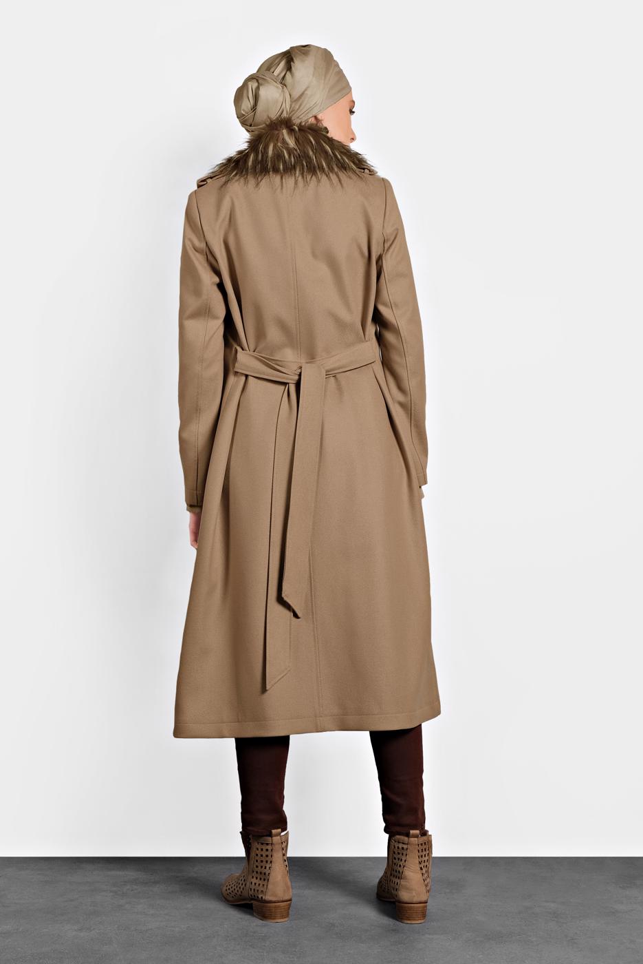 Tesettür giyim KAHVE ALVİNA TRUVAKAR KOL KÜRKLÜ KABAN 90087