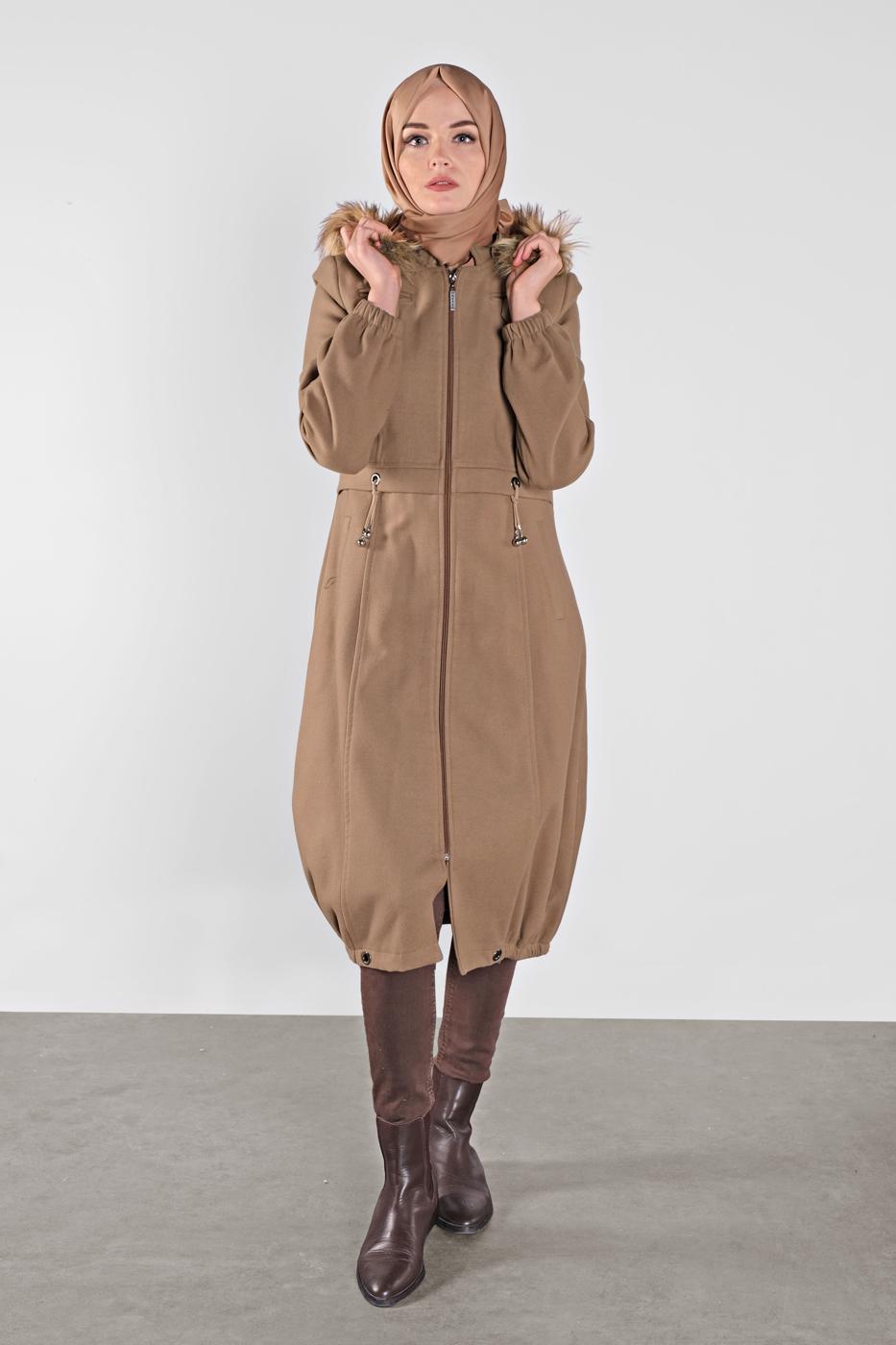 Tesettür giyim KAHVE KAPÜŞONLU FERMUARLI KABAN 012