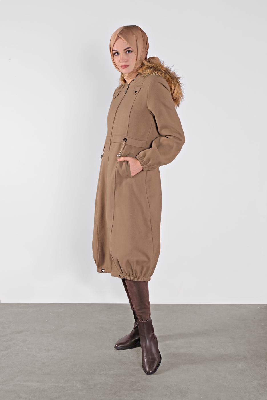 Tesettür giyim KAHVE KAPÜŞONLU FERMUARLI KABAN 012