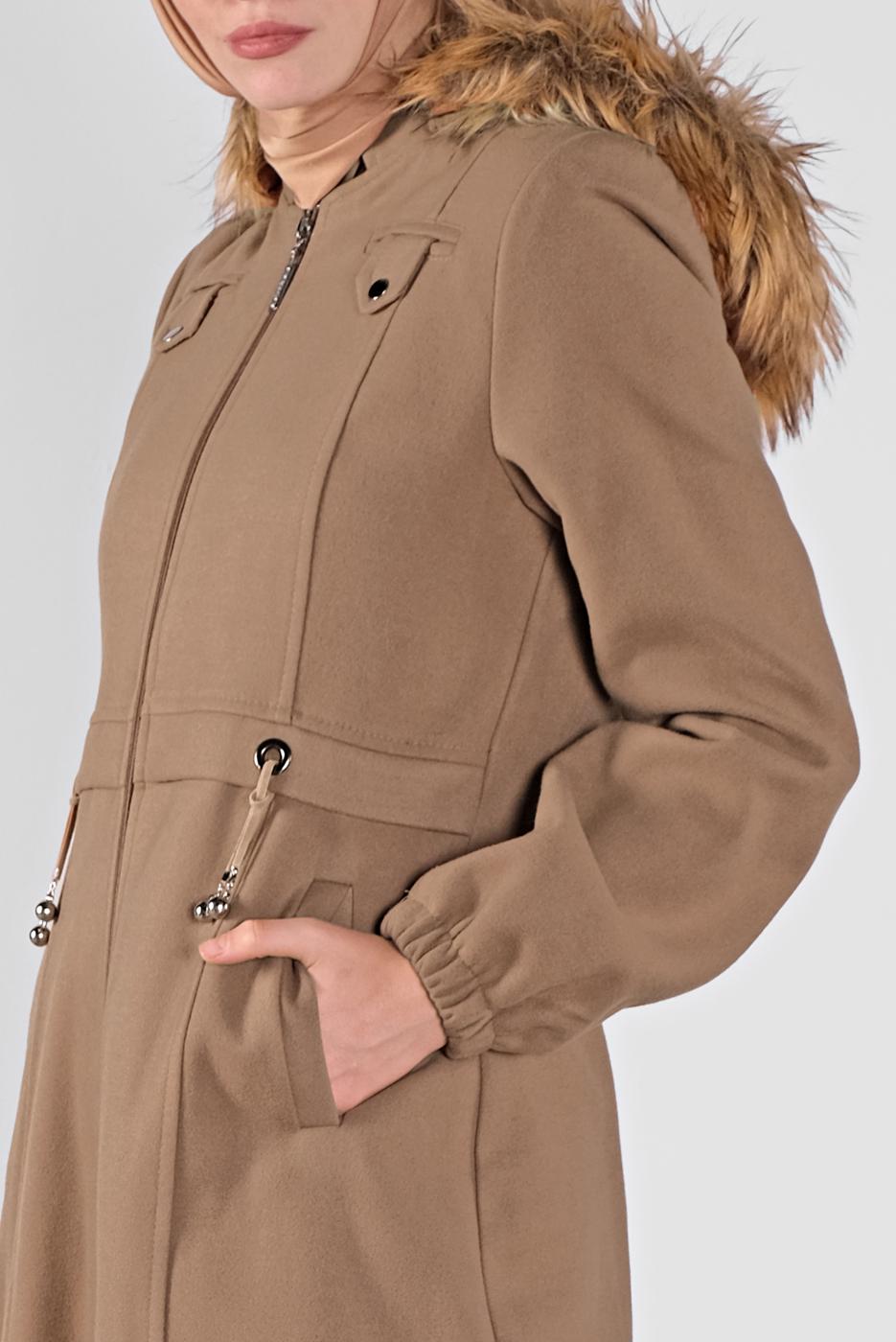 Tesettür giyim KAHVE KAPÜŞONLU FERMUARLI KABAN 012