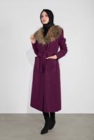 Tesettür giyim MOR YAKASI KÜRKLÜ KUŞAKLI KAPÜŞONLU KABAN 377