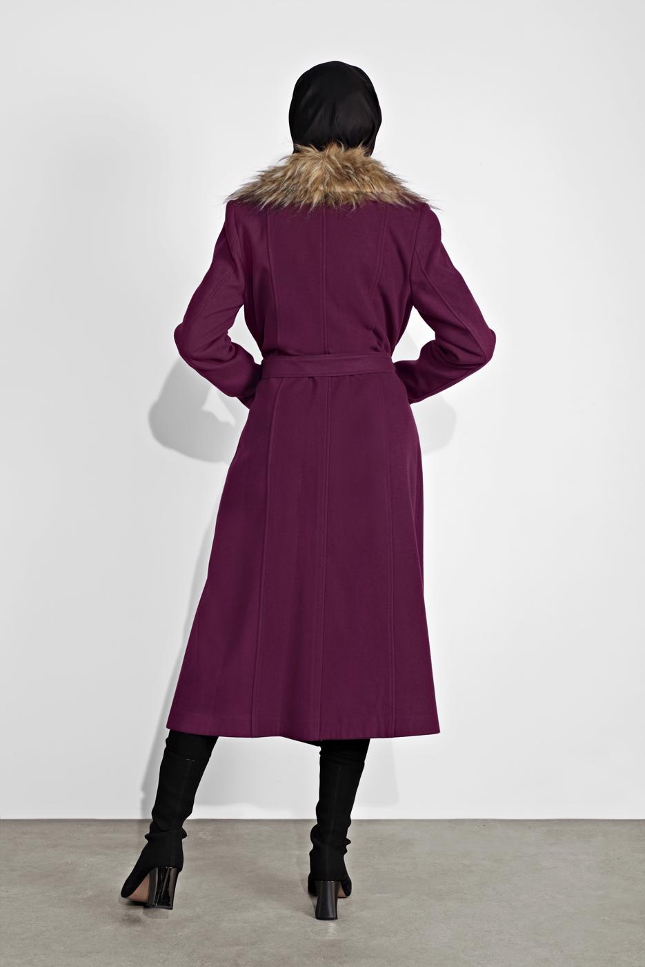 Tesettür giyim MOR YAKASI KÜRKLÜ KUŞAKLI KAPÜŞONLU KABAN 377