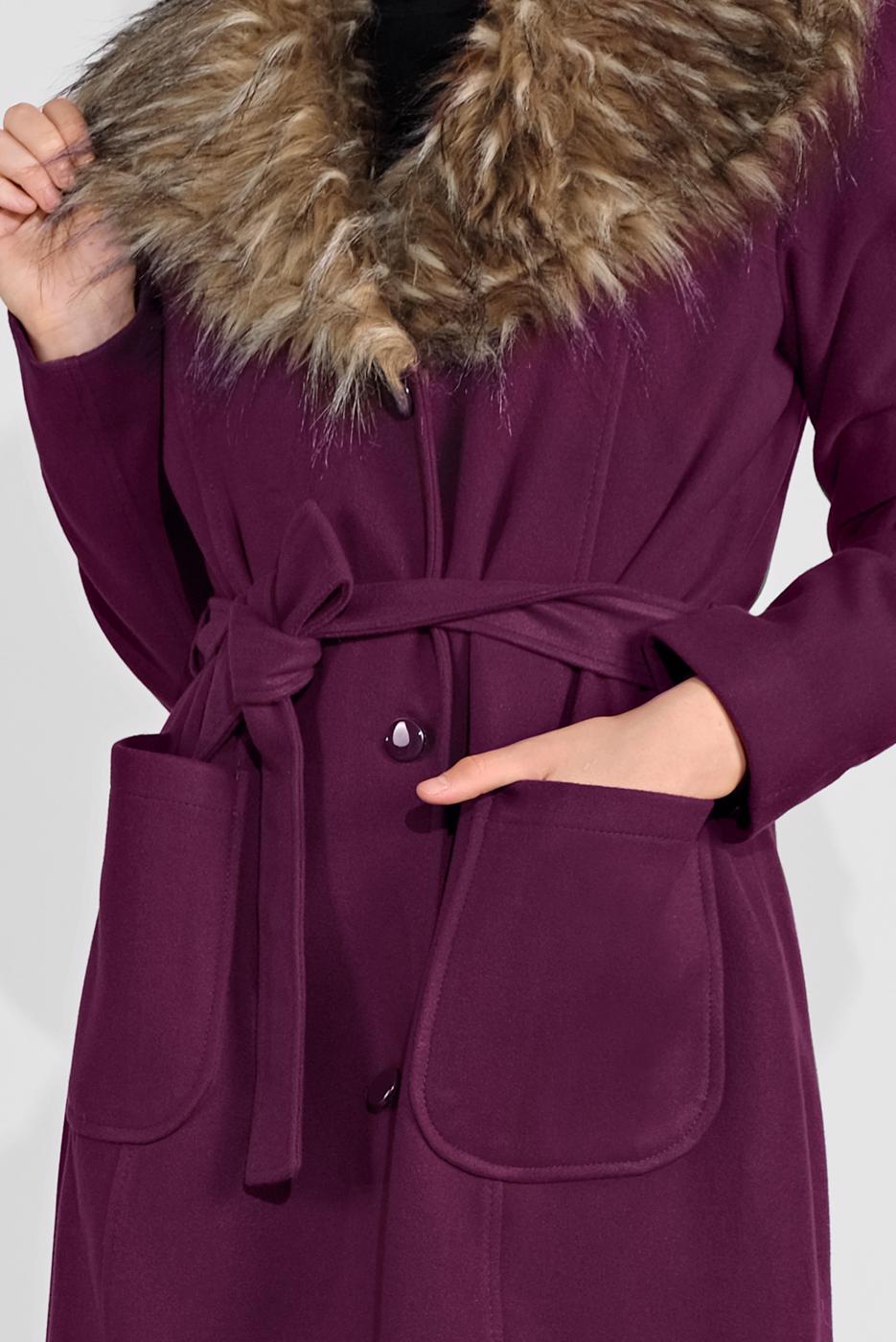 Tesettür giyim MOR YAKASI KÜRKLÜ KUŞAKLI KAPÜŞONLU KABAN 377