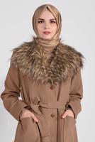 Tesettür giyim KAHVE YAKASI KÜRKLÜ KUŞAKLI KAPÜŞONLU KABAN 377