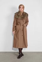 Tesettür giyim KAHVE YAKASI KÜRKLÜ KUŞAKLI KAPÜŞONLU KABAN 377