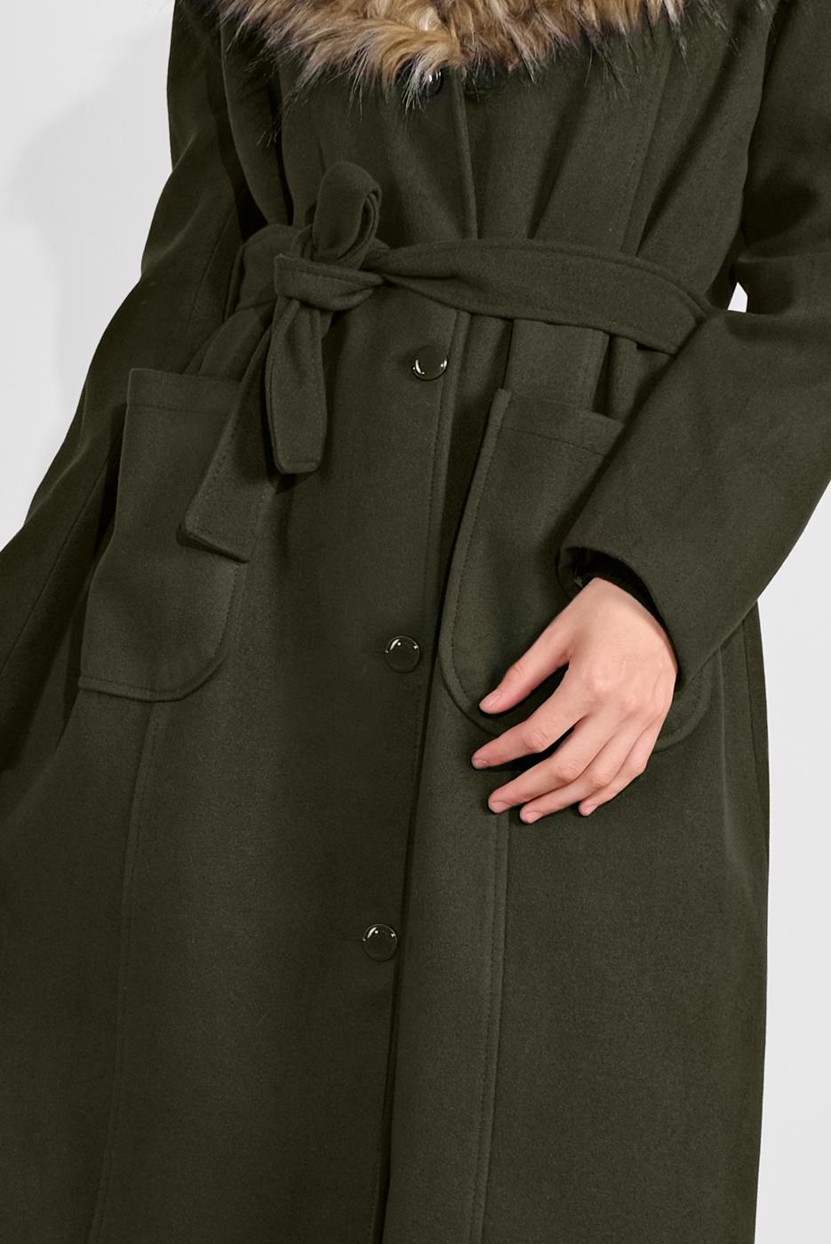 Tesettür giyim HAKİ YAKASI KÜRKLÜ KUŞAKLI KAPÜŞONLU KABAN 377