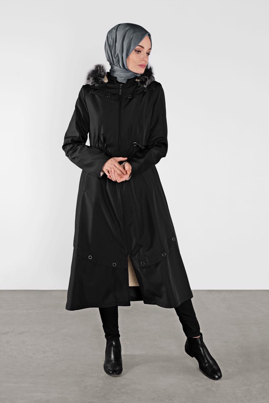 Tesettür giyim SİYAH KAPÜŞONLU KABAN 453