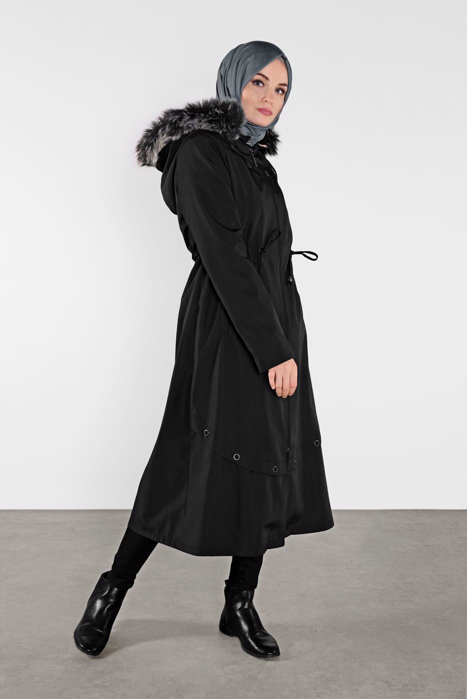 Tesettür giyim SİYAH KAPÜŞONLU KABAN 453