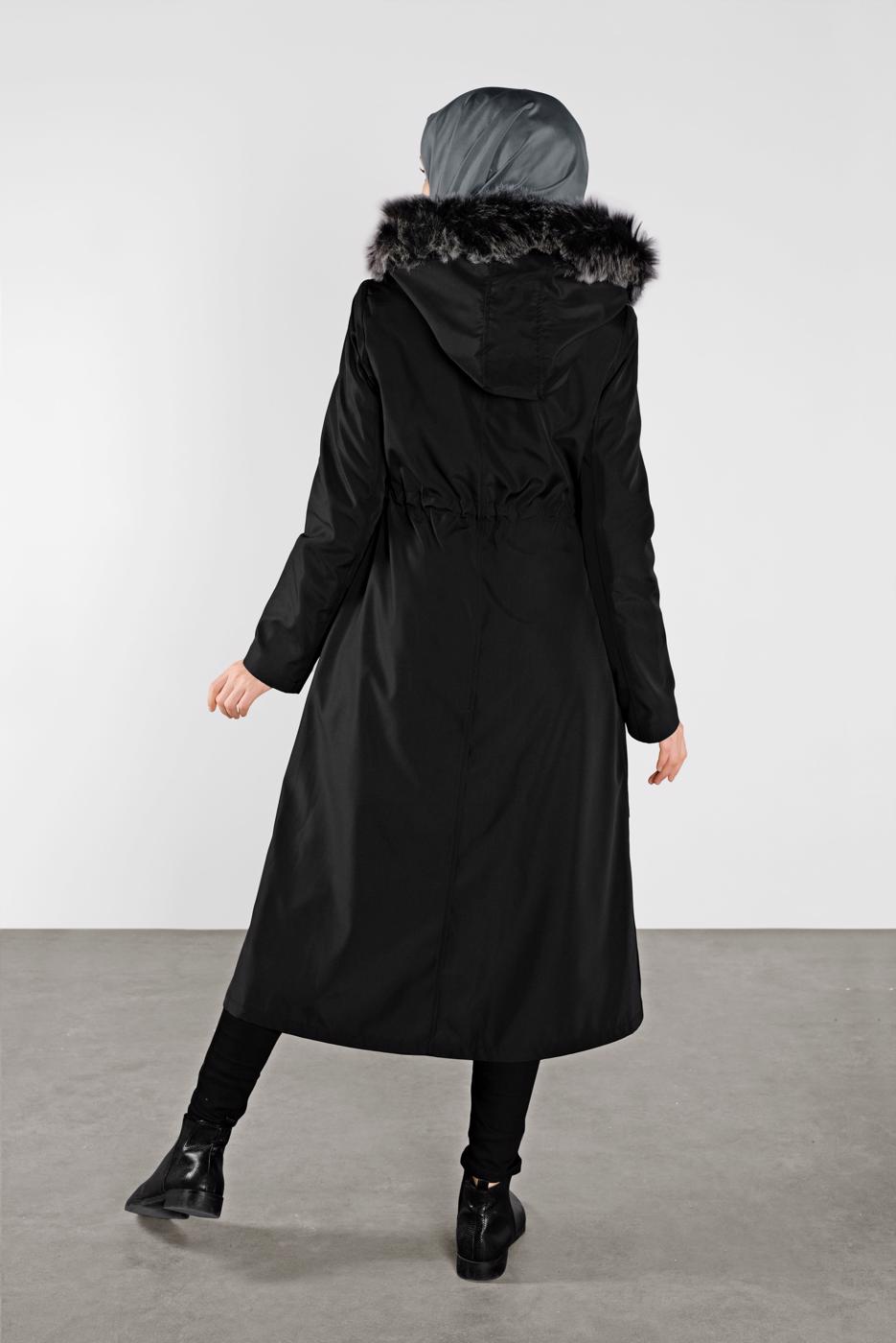 Tesettür giyim SİYAH KAPÜŞONLU KABAN 453