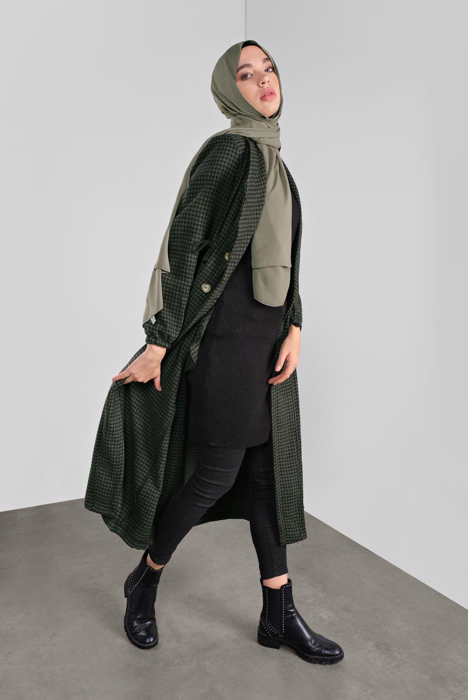 Tesettür giyim HAKİ PAMUKLU KAZAYAĞI KABAN 0855 