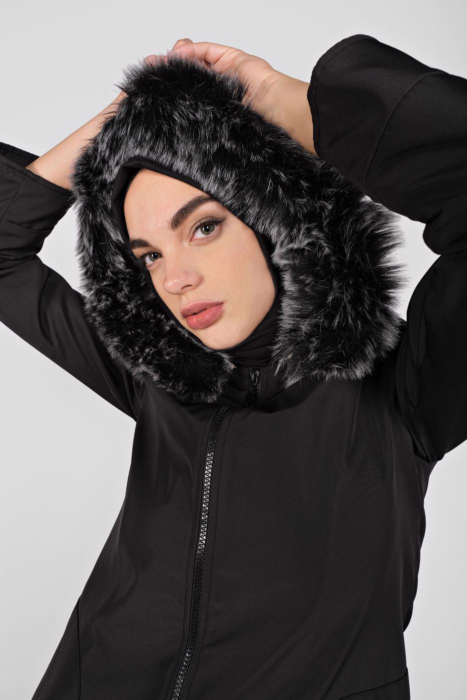 Tesettür giyim SİYAH KÜRKLÜ KAPÜŞONLU KABAN 2004